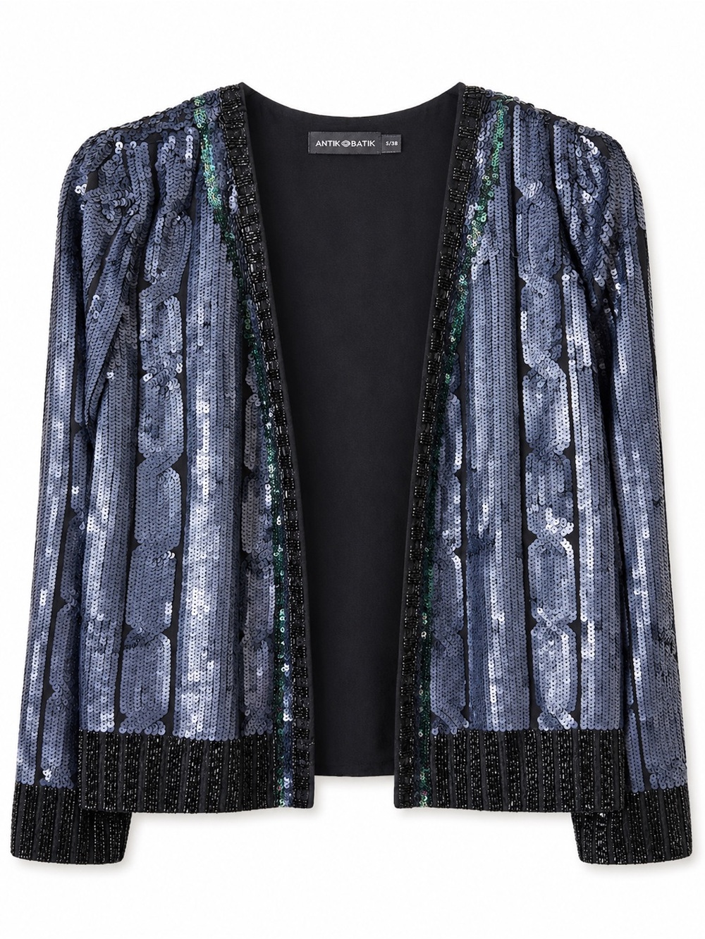 Antik Batik open front cardigan blazer gray silver blue & black trim small 38